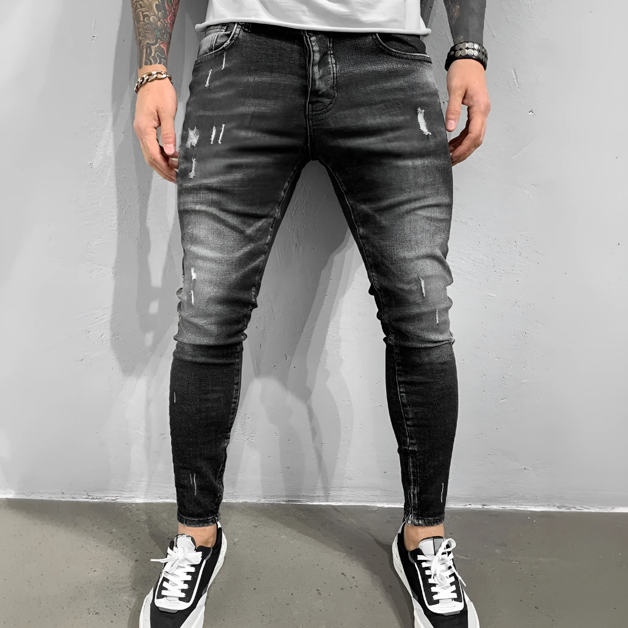 Gray ripped denim skinny pants for teenagers, cotton fabric, mid waist, zip fly, front view