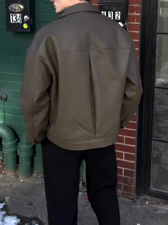 Men's casual long-sleeved leather jacket plain regular fit front view