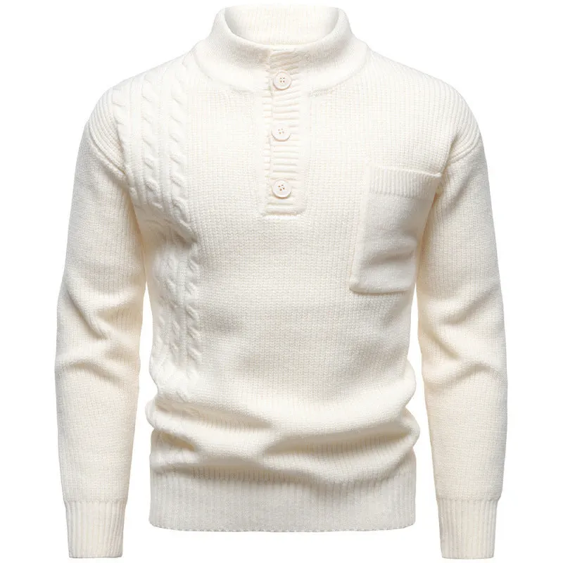 Mens Henry stand collar sweater in beige with batwing sleeves and ribbed hem, available in sizes M to 4XL