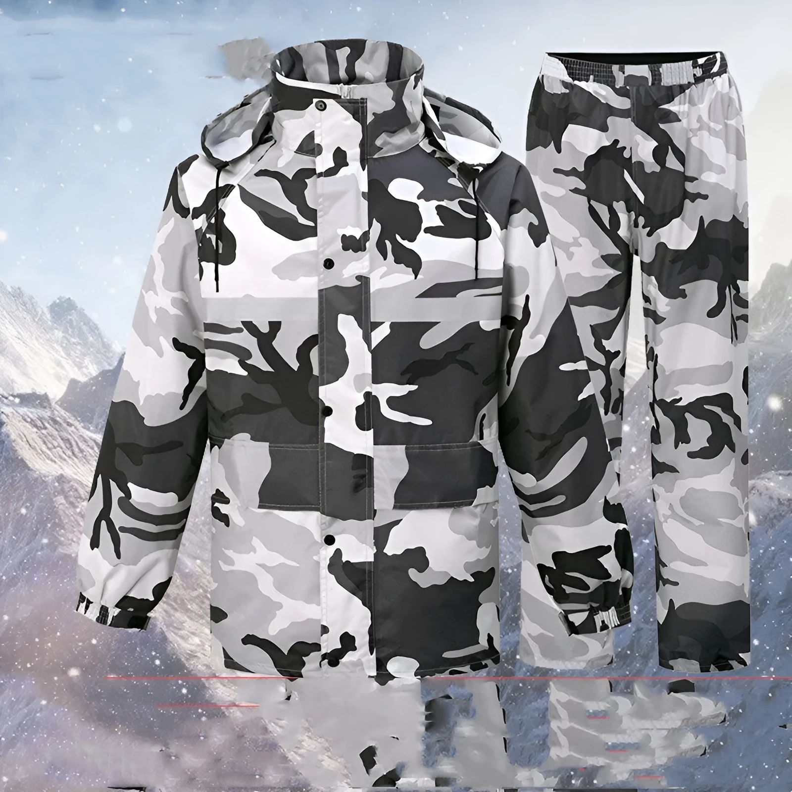 Gray camouflage raincoat and rain trousers suit for men, two-piece set with PVC waterproof coating, on white background.