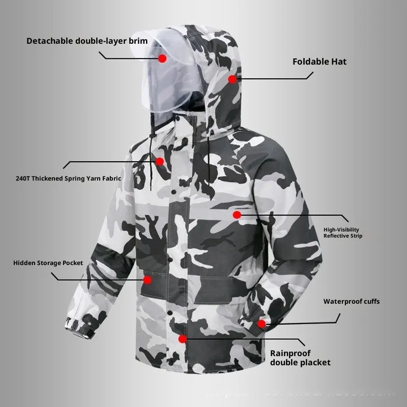 Gray camouflage raincoat and rain trousers suit for men, two-piece set with PVC waterproof coating, on white background.