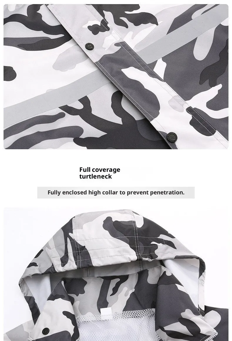 Gray camouflage raincoat and rain trousers suit for men, two-piece set with PVC waterproof coating, on white background.