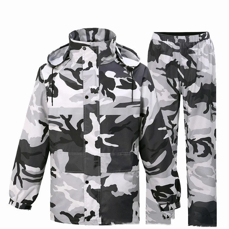 Gray camouflage raincoat and rain trousers suit for men, two-piece set with PVC waterproof coating, on white background.