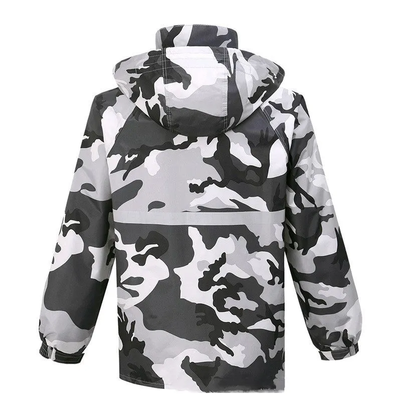 Gray camouflage raincoat and rain trousers suit for men, two-piece set with PVC waterproof coating, on white background.