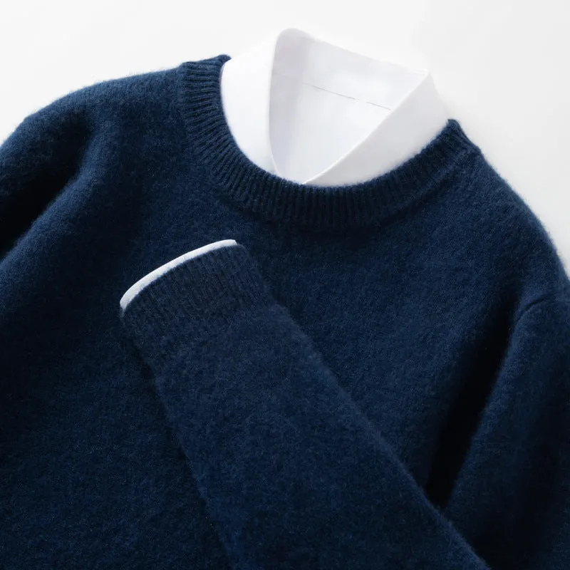 Men's round neck solid colour pullover sweater in slim fit, viscose blend, available in black