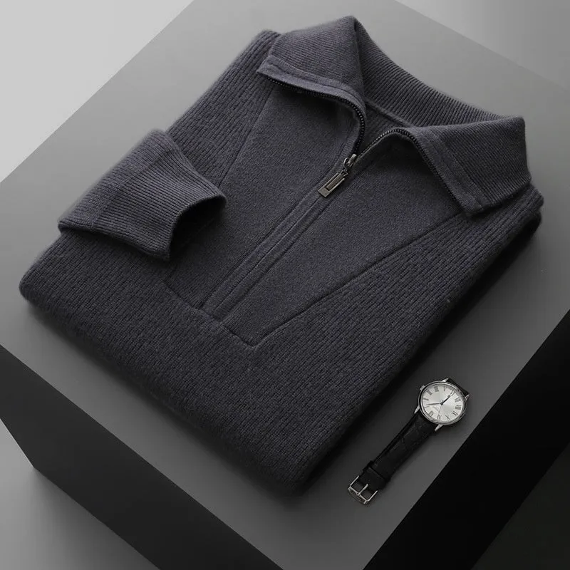 Men's half zip thick jacquard sweater in solid camel colour with stand collar, front view
