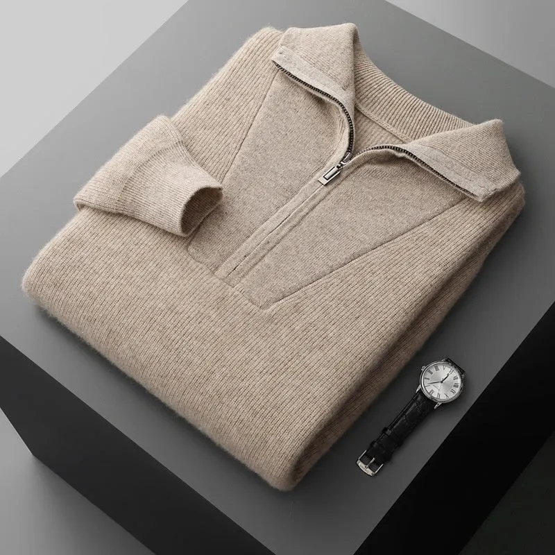 Men's half zip thick jacquard sweater in solid camel colour with stand collar, front view