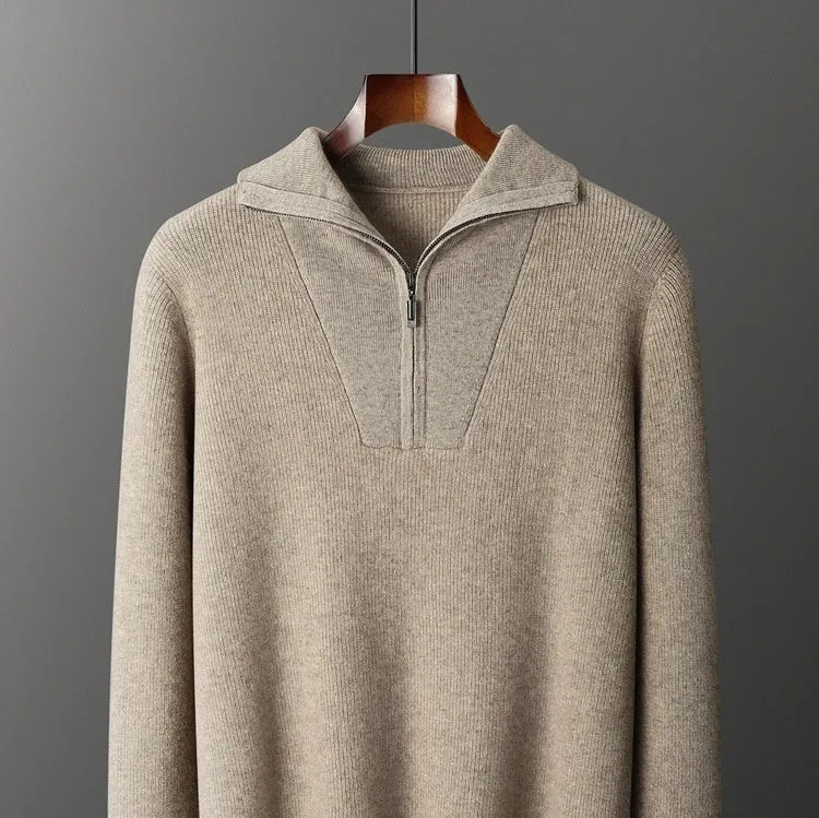 Men's half zip thick jacquard sweater in solid camel colour with stand collar, front view