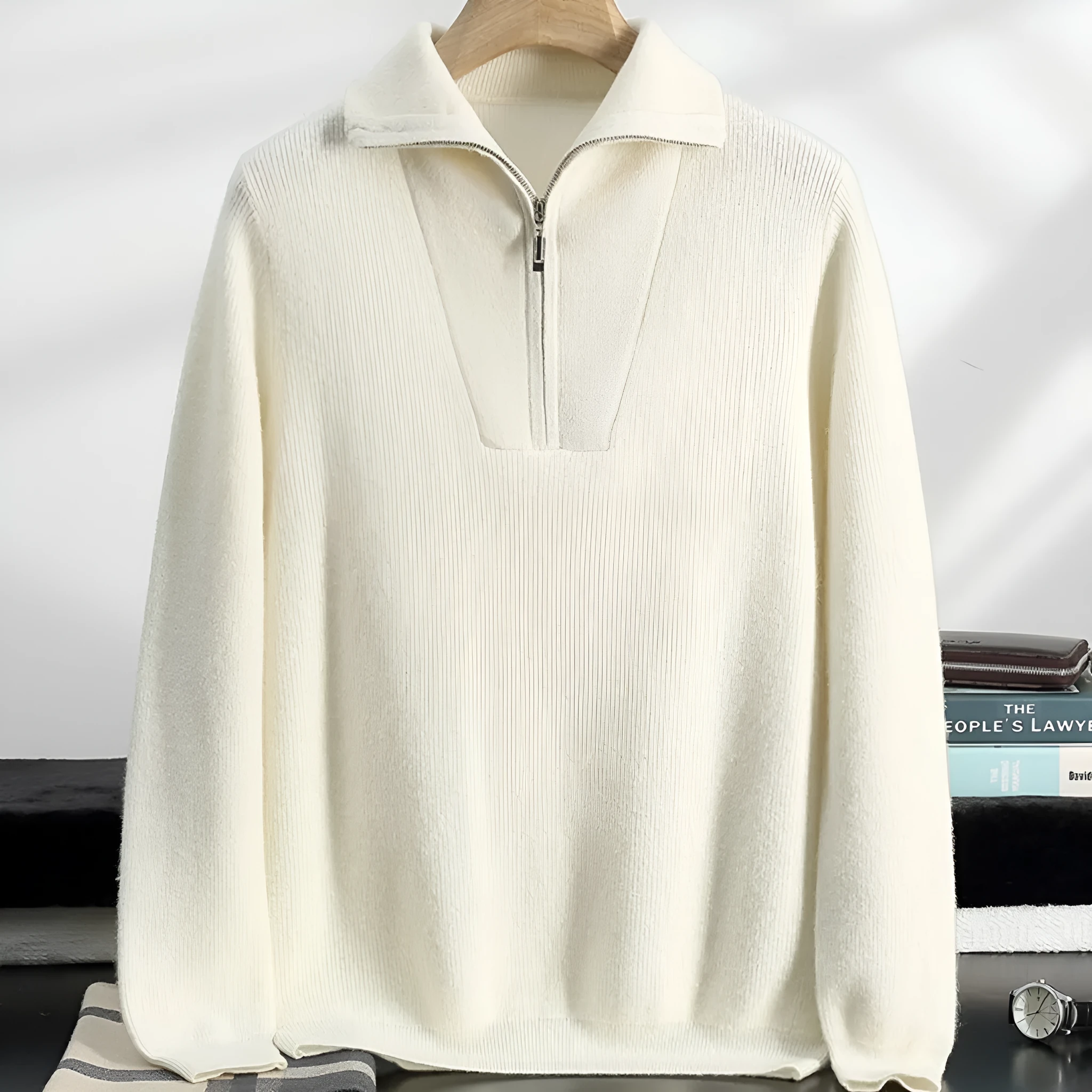 Men's half zip thick jacquard sweater in solid camel colour with stand collar, front view