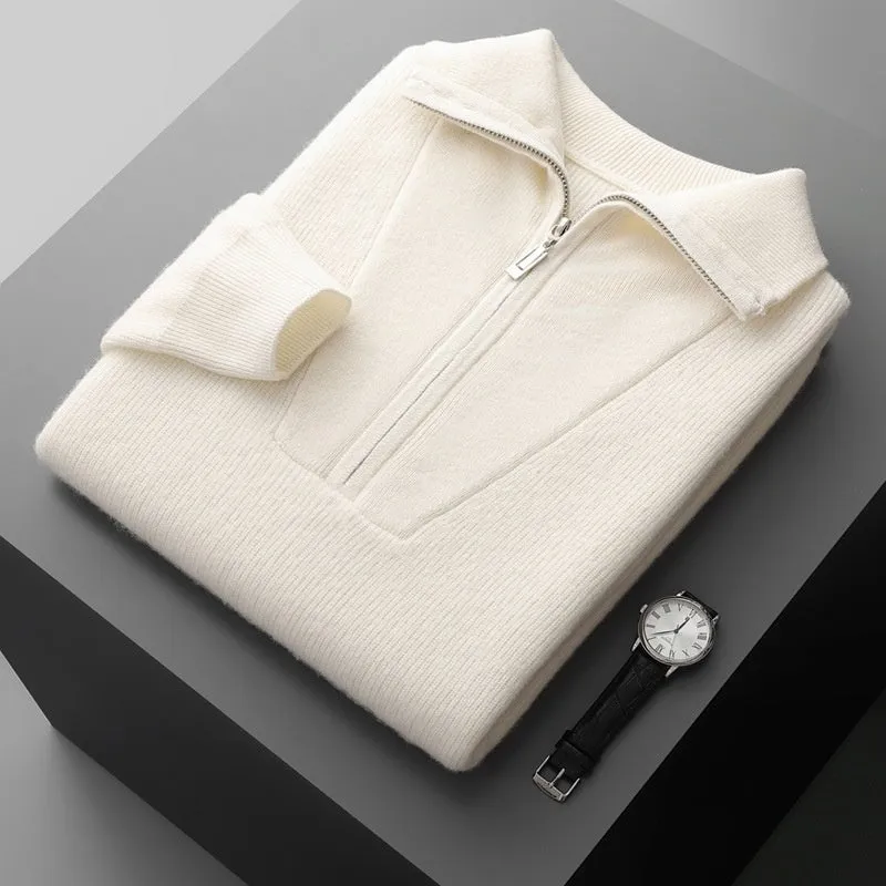 Men's half zip thick jacquard sweater in solid camel colour with stand collar, front view