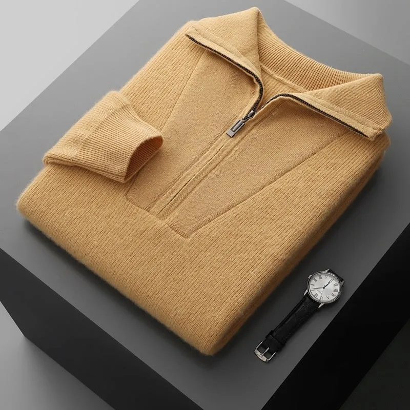 Men's half zip thick jacquard sweater in solid camel colour with stand collar, front view