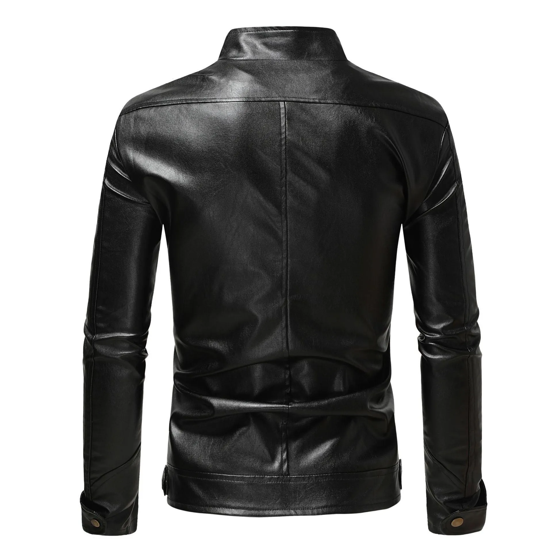 Men's PU leather coat with stand collar and double zipper in brown, regular fit.