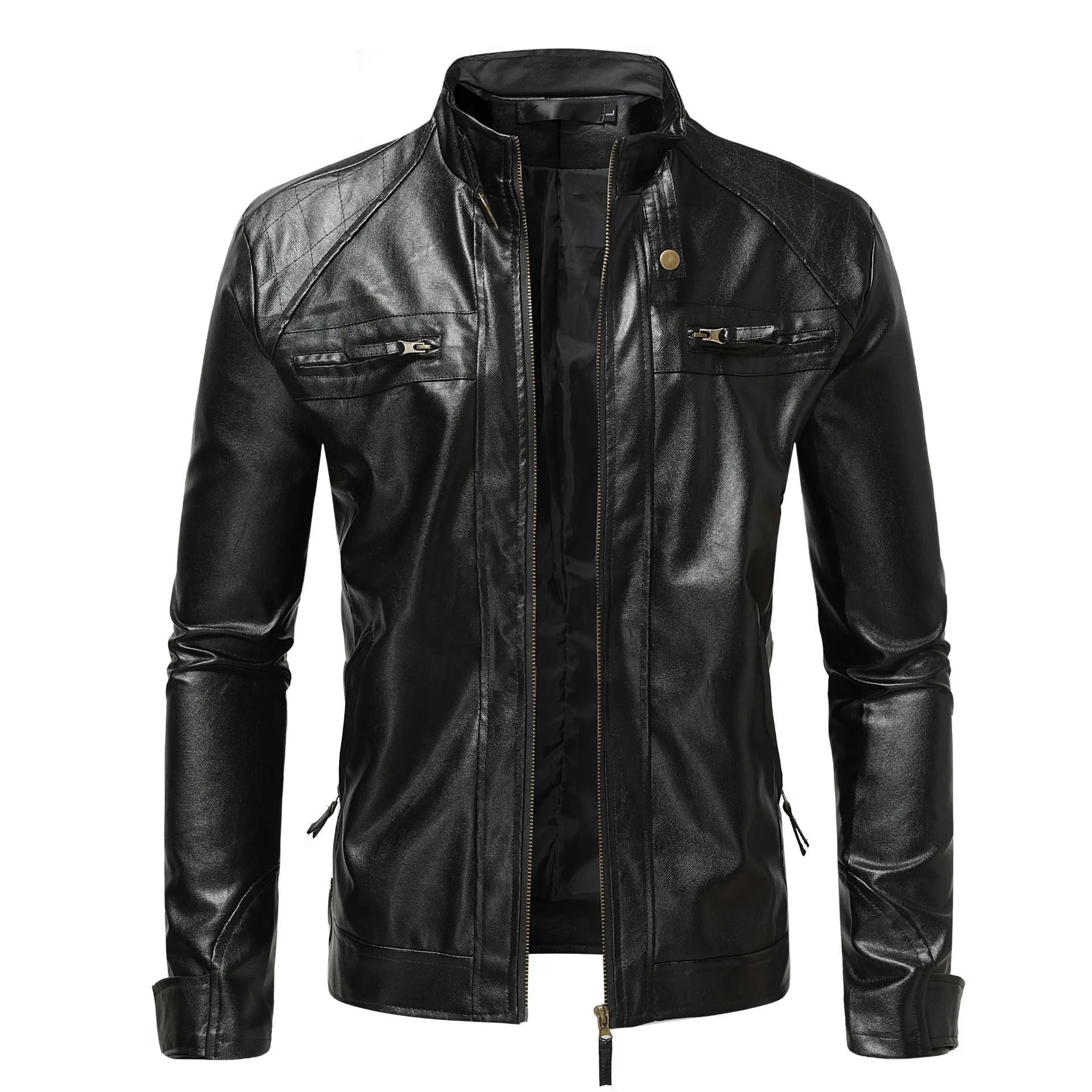 Men's PU leather coat with stand collar and double zipper in brown, regular fit.
