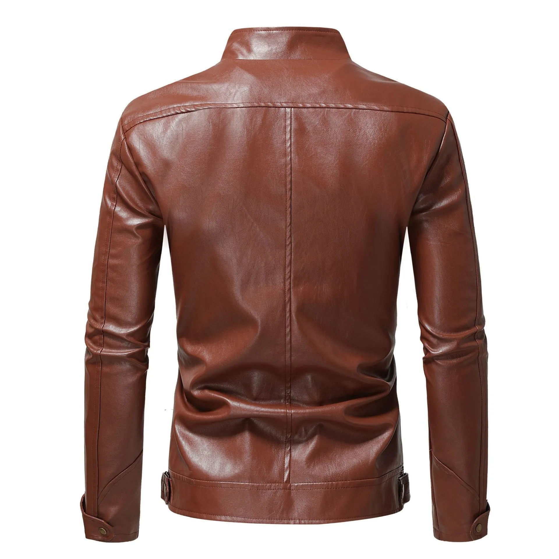 Men's PU leather coat with stand collar and double zipper in brown, regular fit.