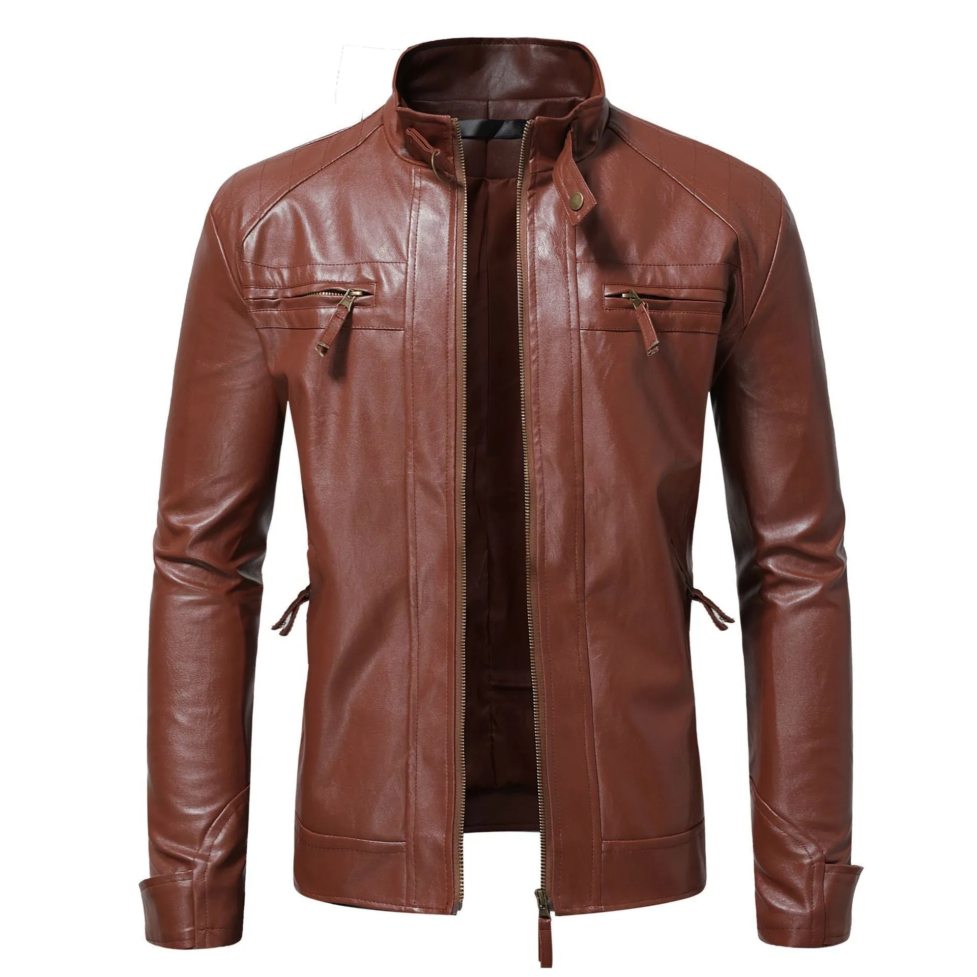 Men's PU leather coat with stand collar and double zipper in brown, regular fit.