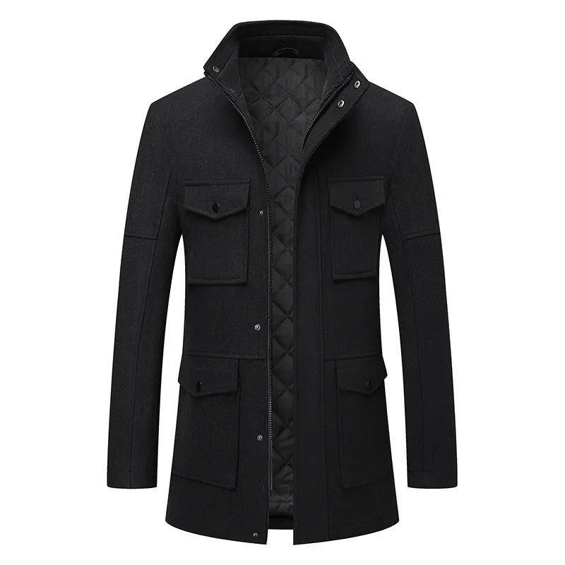 Men's woolen coat thick winter loose fit straight hem solid colour gray black navy blue polyester lining