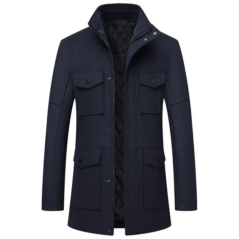 Men's woolen coat thick winter loose fit straight hem solid colour gray black navy blue polyester lining