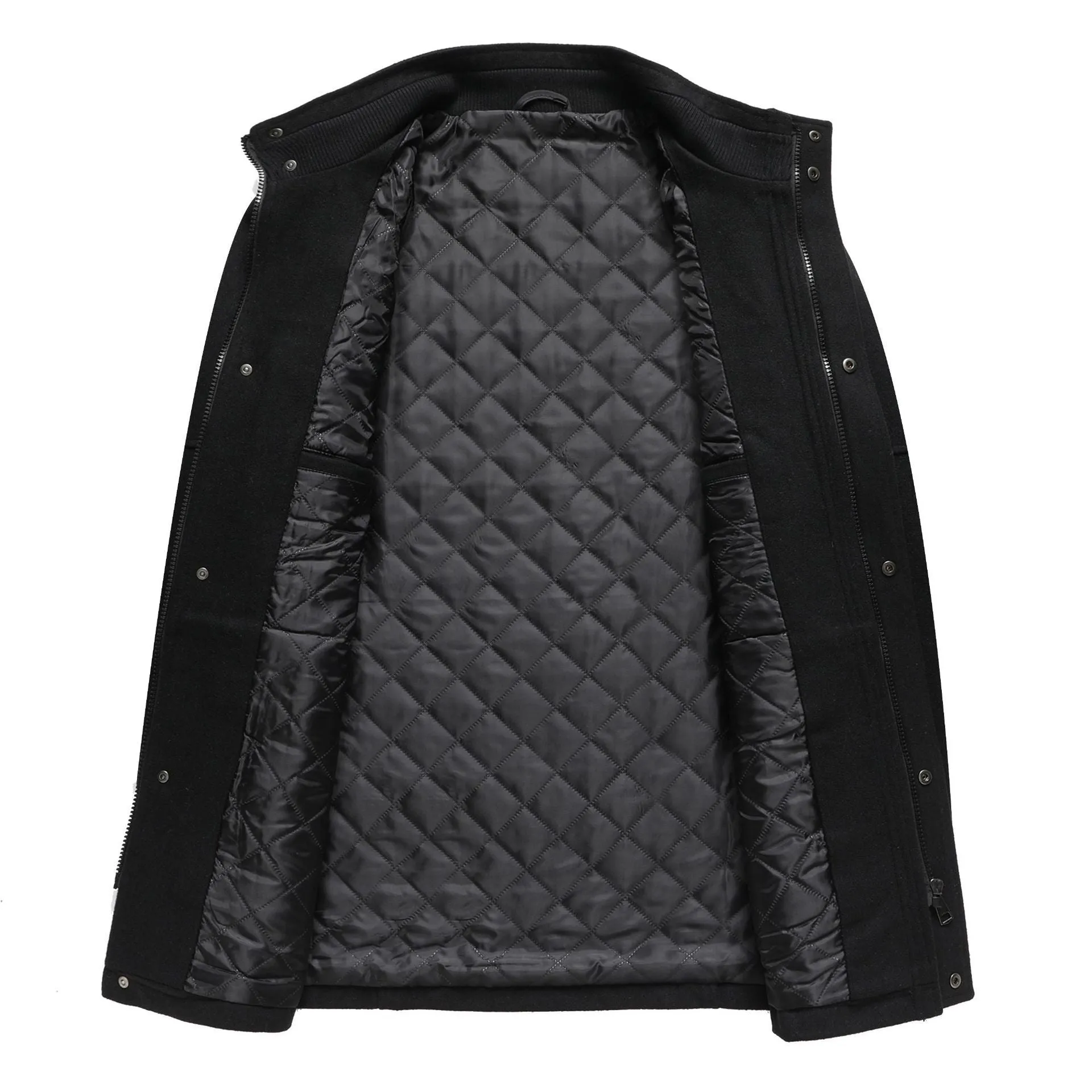 Men's woolen coat thick winter loose fit straight hem solid colour gray black navy blue polyester lining