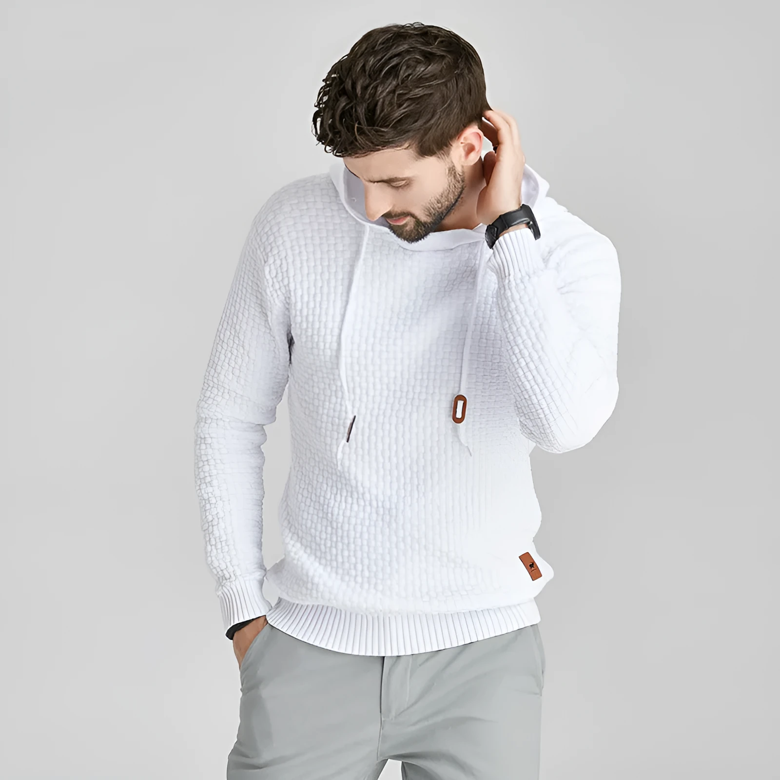 Men's cotton brocade hoodie long-sleeve pullover loose fit casual sweatshirt black front view