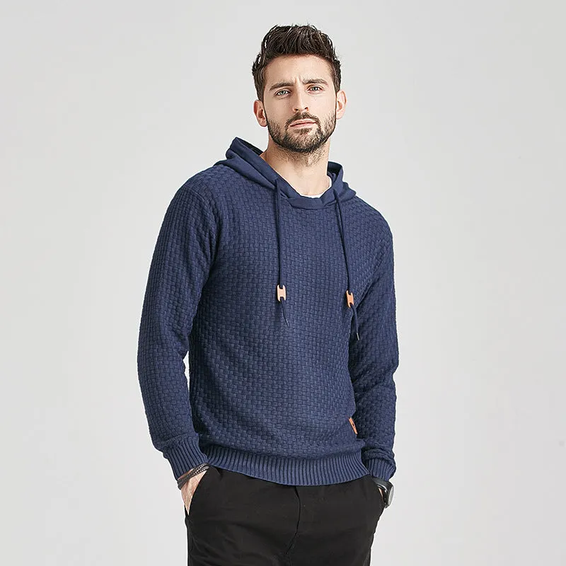 Men's cotton brocade hoodie long-sleeve pullover loose fit casual sweatshirt black front view
