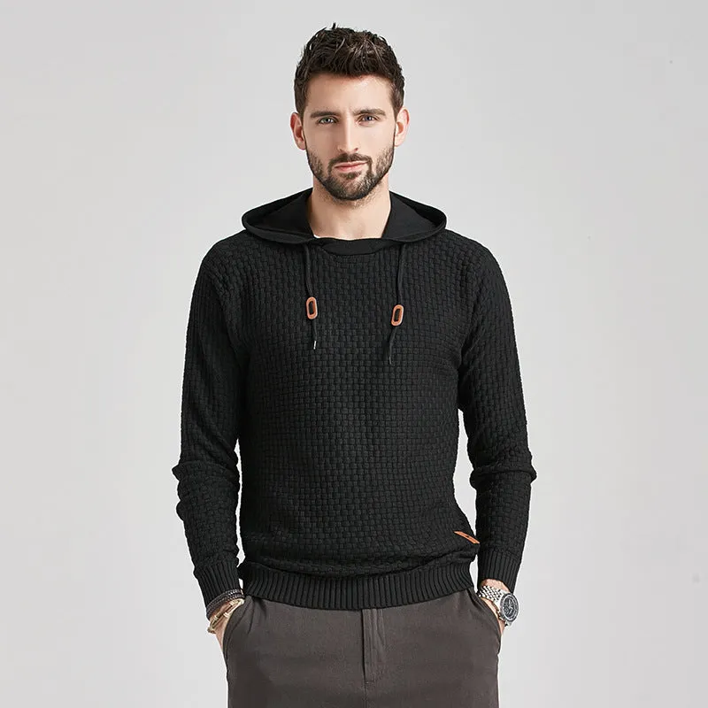 Men's cotton brocade hoodie long-sleeve pullover loose fit casual sweatshirt black front view
