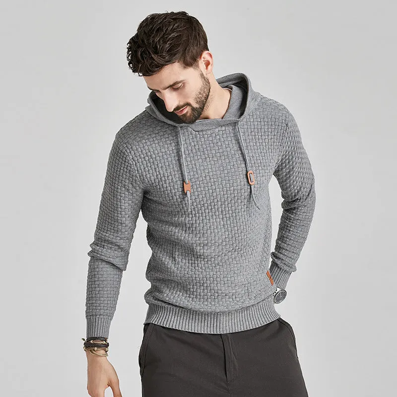 Men's cotton brocade hoodie long-sleeve pullover loose fit casual sweatshirt black front view