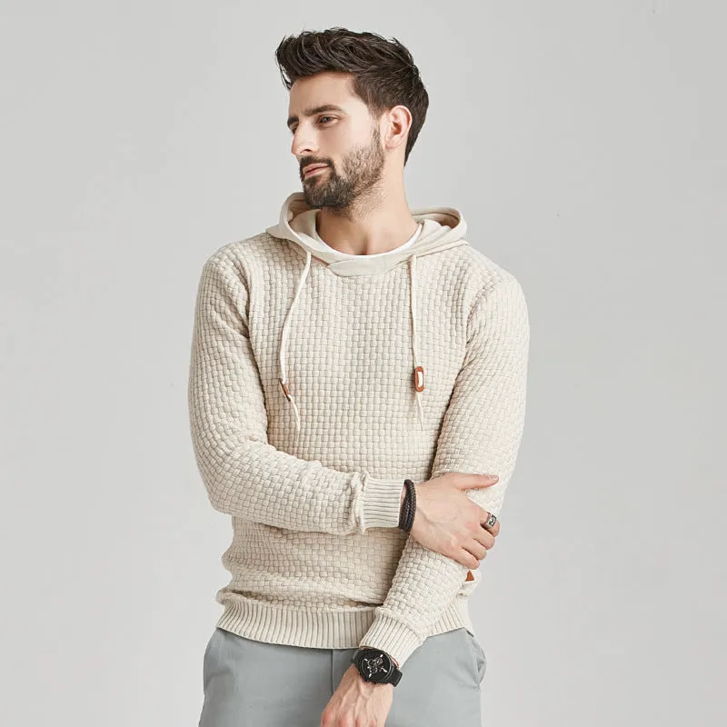 Men's cotton brocade hoodie long-sleeve pullover loose fit casual sweatshirt black front view