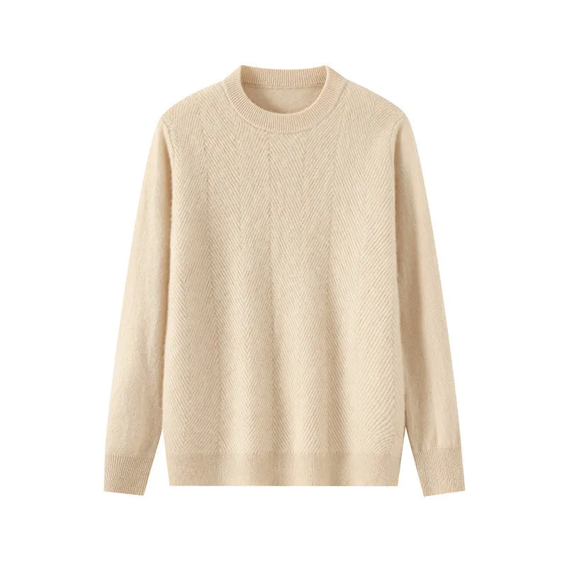 Men's round neck pullover wool knitted sweater in mild beige with long sleeves