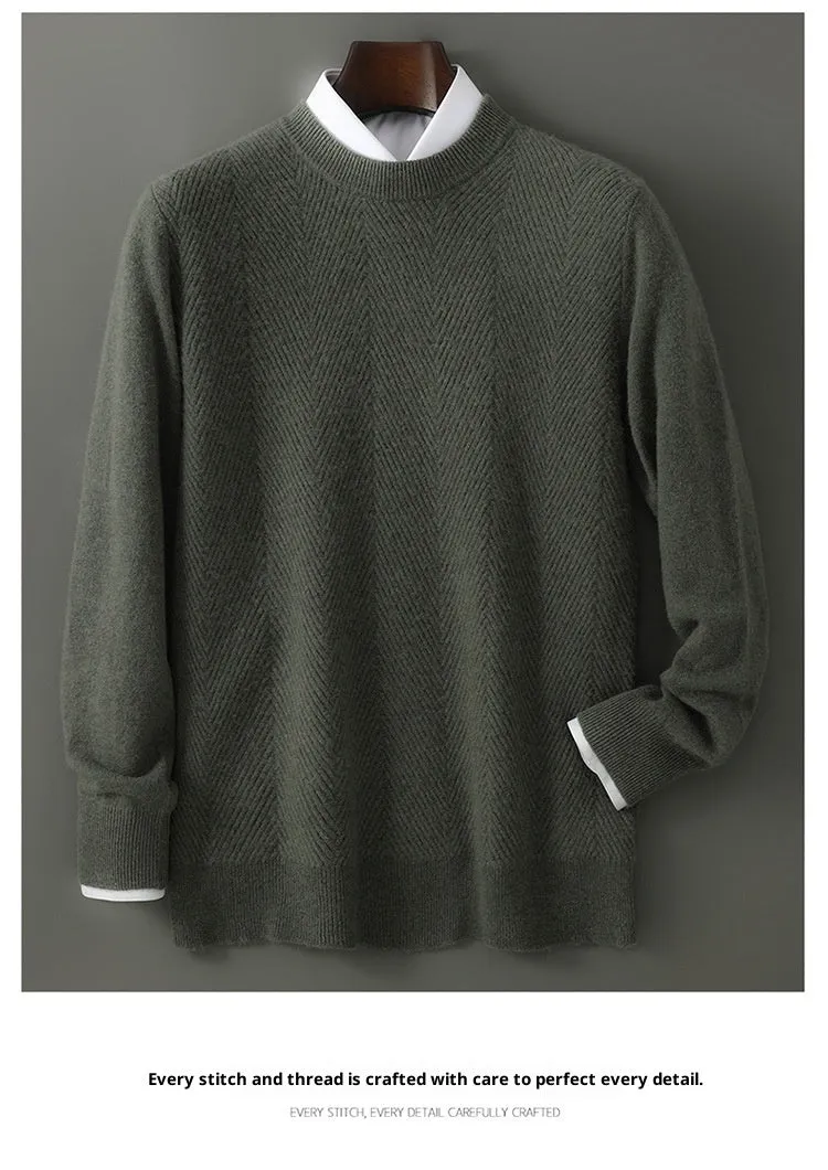 Men's round neck pullover wool knitted sweater in mild beige with long sleeves