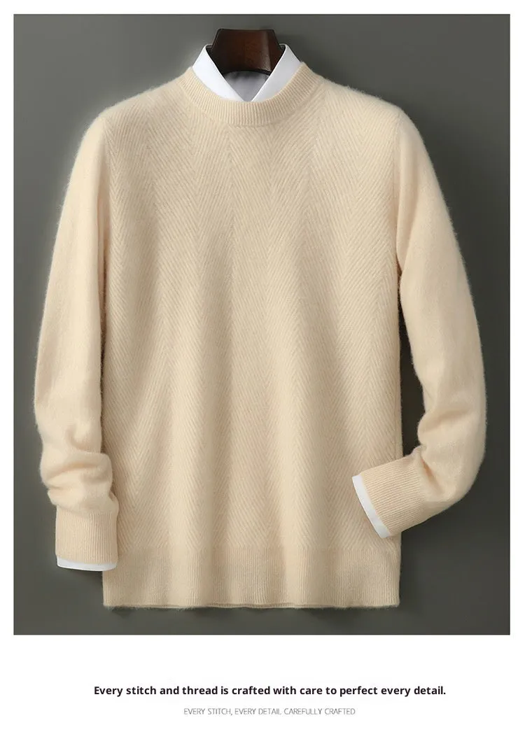 Men's round neck pullover wool knitted sweater in mild beige with long sleeves