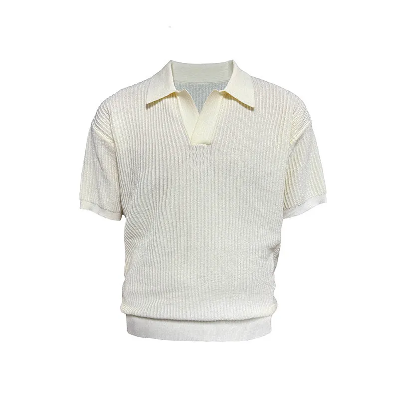 Men's creamy white polo shirt with short sleeves and a loose fit on a hanger.