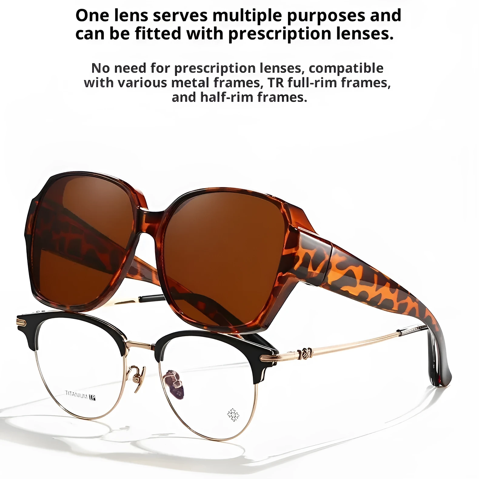 Large rim clip-on polarized sun glasses with black frame and black grey lens UV protection for women driving