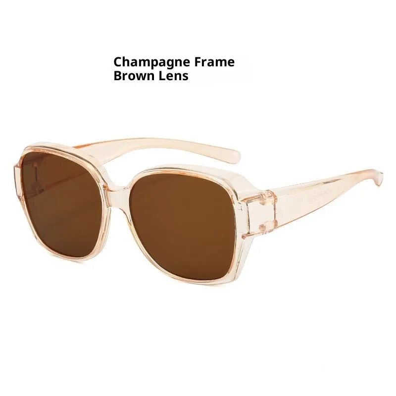 Large rim clip-on polarized sun glasses with black frame and black grey lens UV protection for women driving