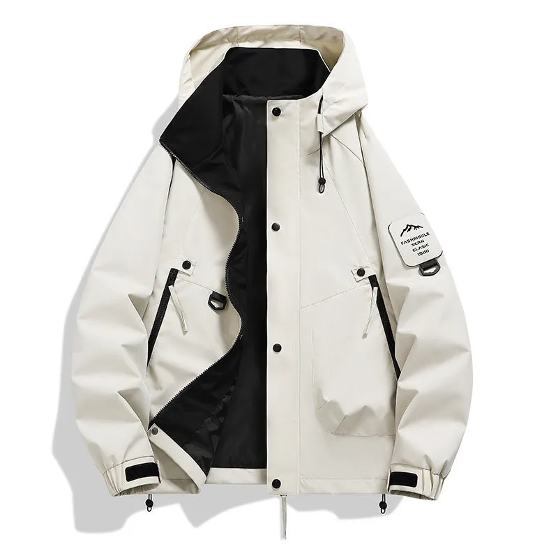 Men's Casual Waterproof Jacket with 5000mm Rating in Polyester, Windproof, Available in Beige, Black, Gray Green, Sand Brown, Fluorescent Green, Cherry Blossom Powder, Peach Pink, Lemon, Mocha, Carmine, Moon Shadow Gray, Peace Blue, S-3XL