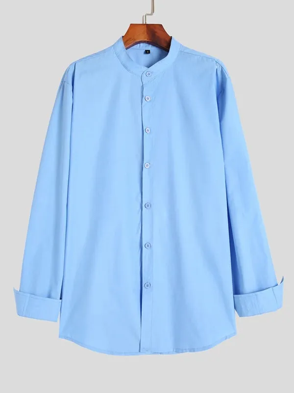 Teenage men's light blue stand-up collar shirt with fitted silhouette