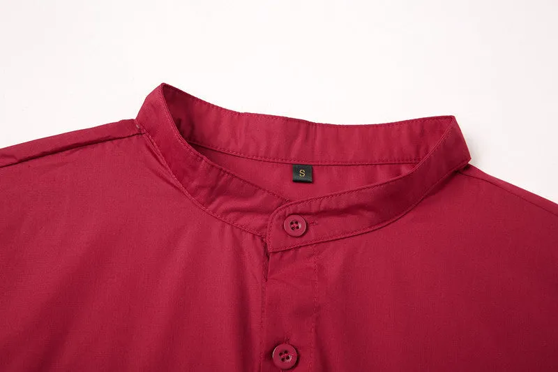 Men's red stand-up collar casual shirt in Chinese style, front view, shown on model