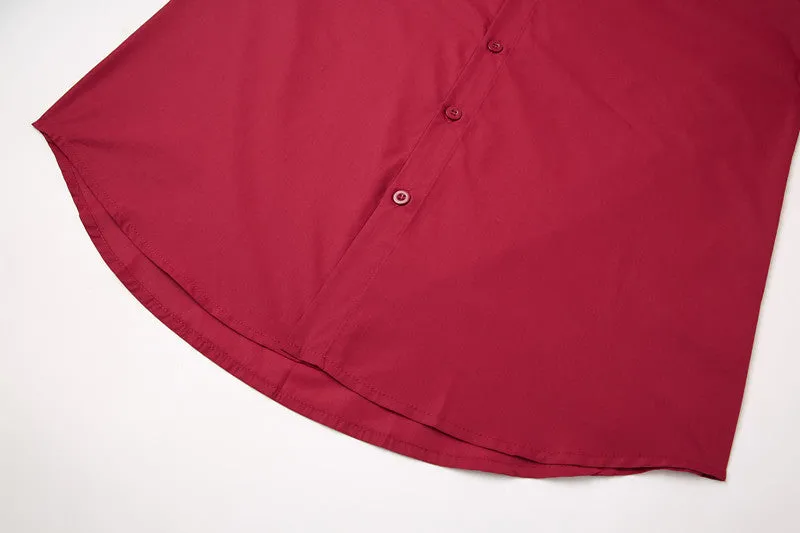 Men's red stand-up collar casual shirt in Chinese style, front view, shown on model