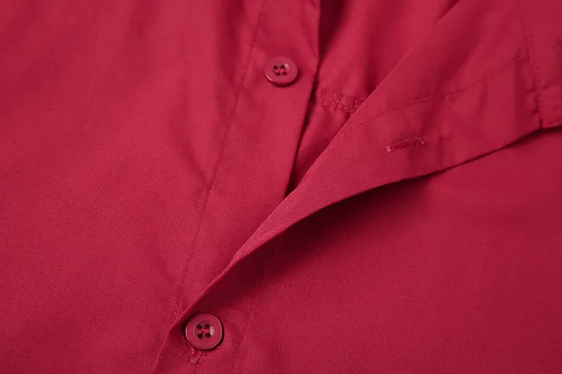 Men's red stand-up collar casual shirt in Chinese style, front view, shown on model