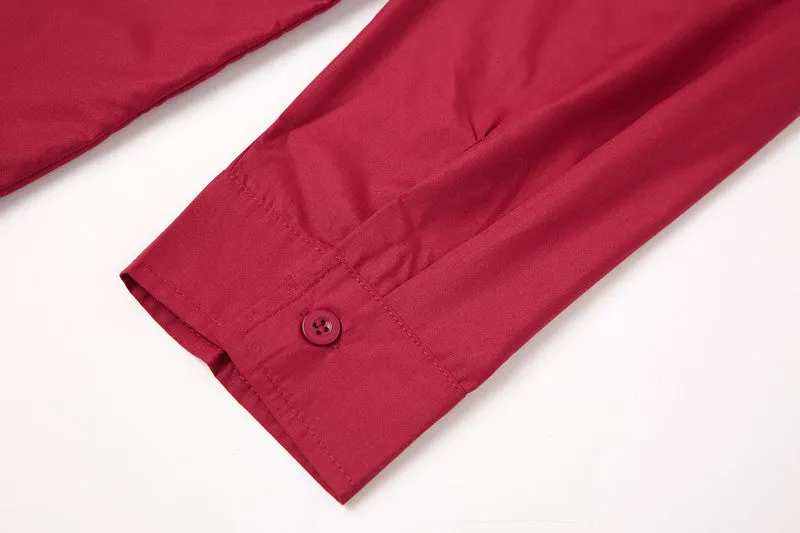 Men's red stand-up collar casual shirt in Chinese style, front view, shown on model