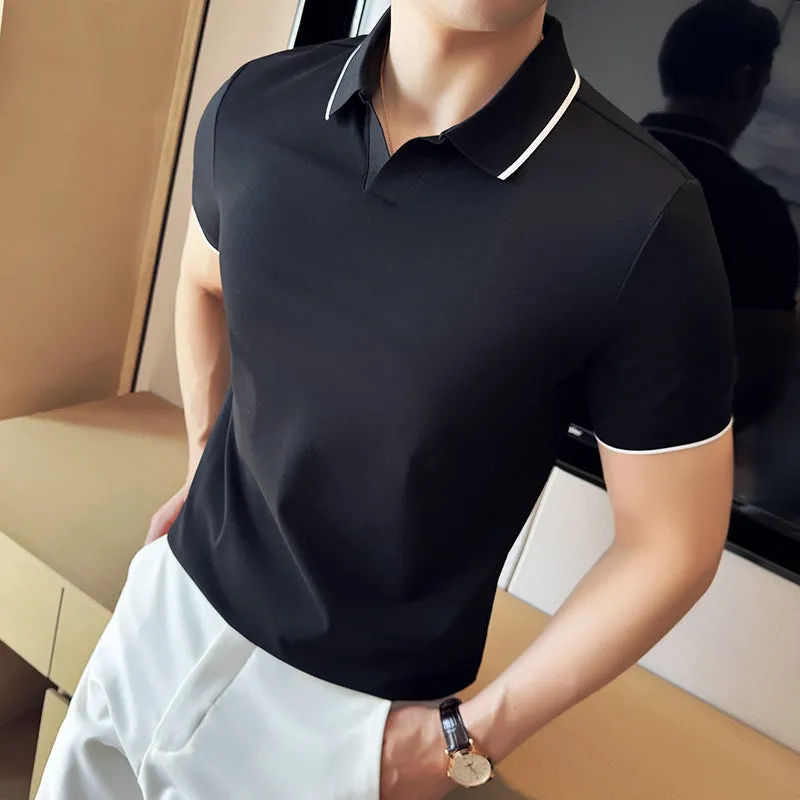 Men's short sleeve polo shirt with lapel collar in cotton blend fabric