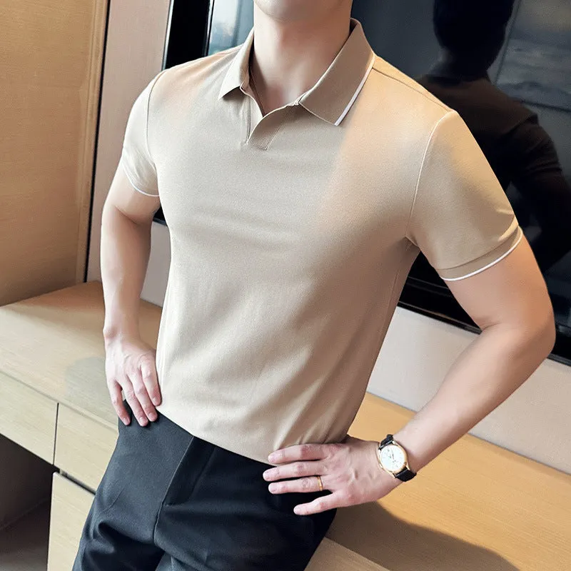 Men's short sleeve polo shirt with lapel collar in cotton blend fabric