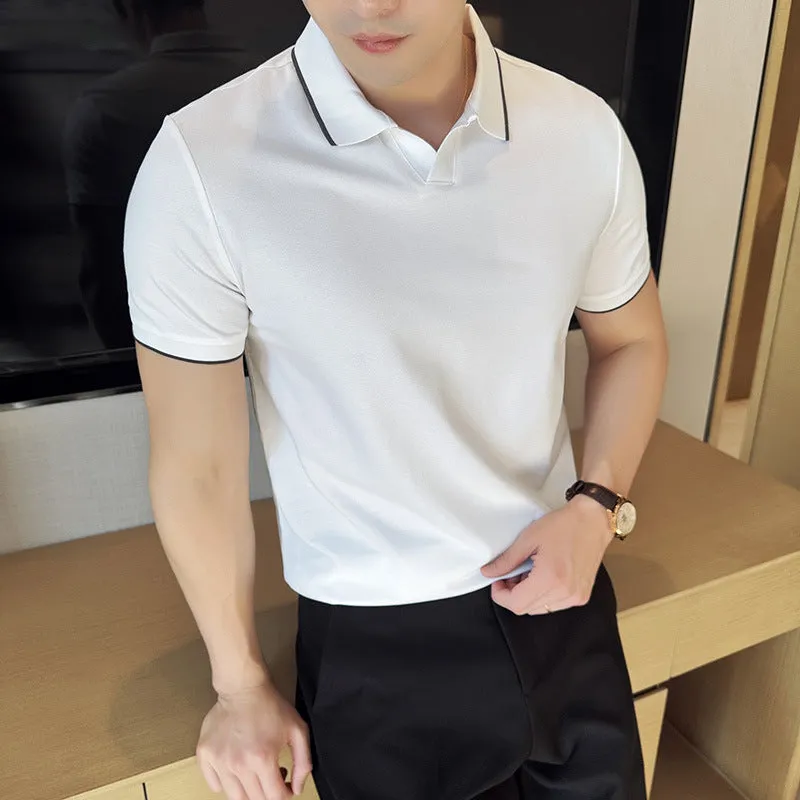 Men's short sleeve polo shirt with lapel collar in cotton blend fabric