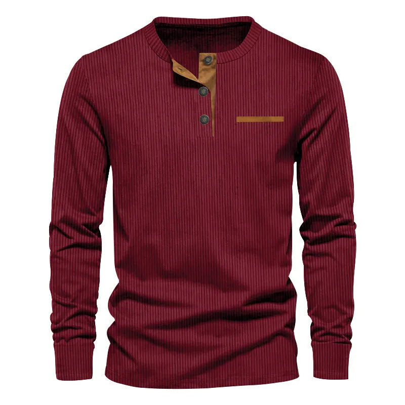 Men's corduroy slim fit Henley long sleeve T-shirt in solid colour, pullover style, available in black and other colours