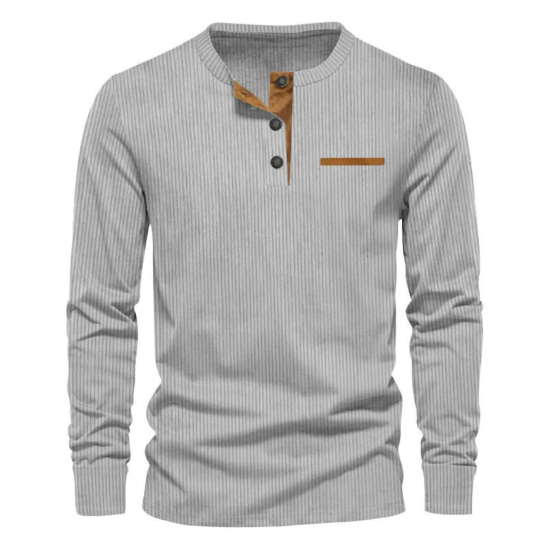 Men's corduroy slim fit Henley long sleeve T-shirt in solid colour, pullover style, available in black and other colours