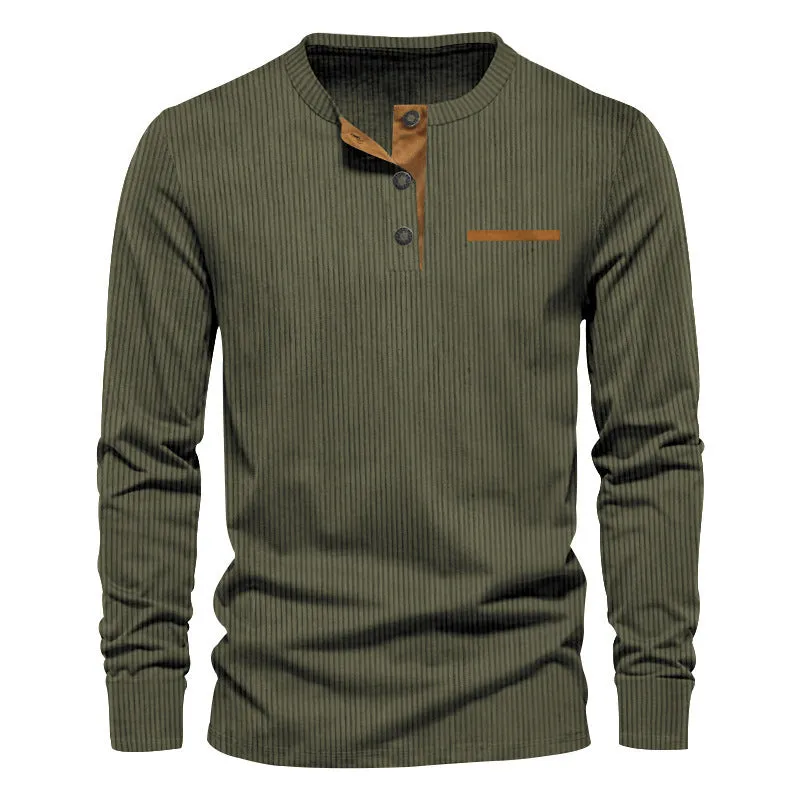 Men's corduroy slim fit Henley long sleeve T-shirt in solid colour, pullover style, available in black and other colours