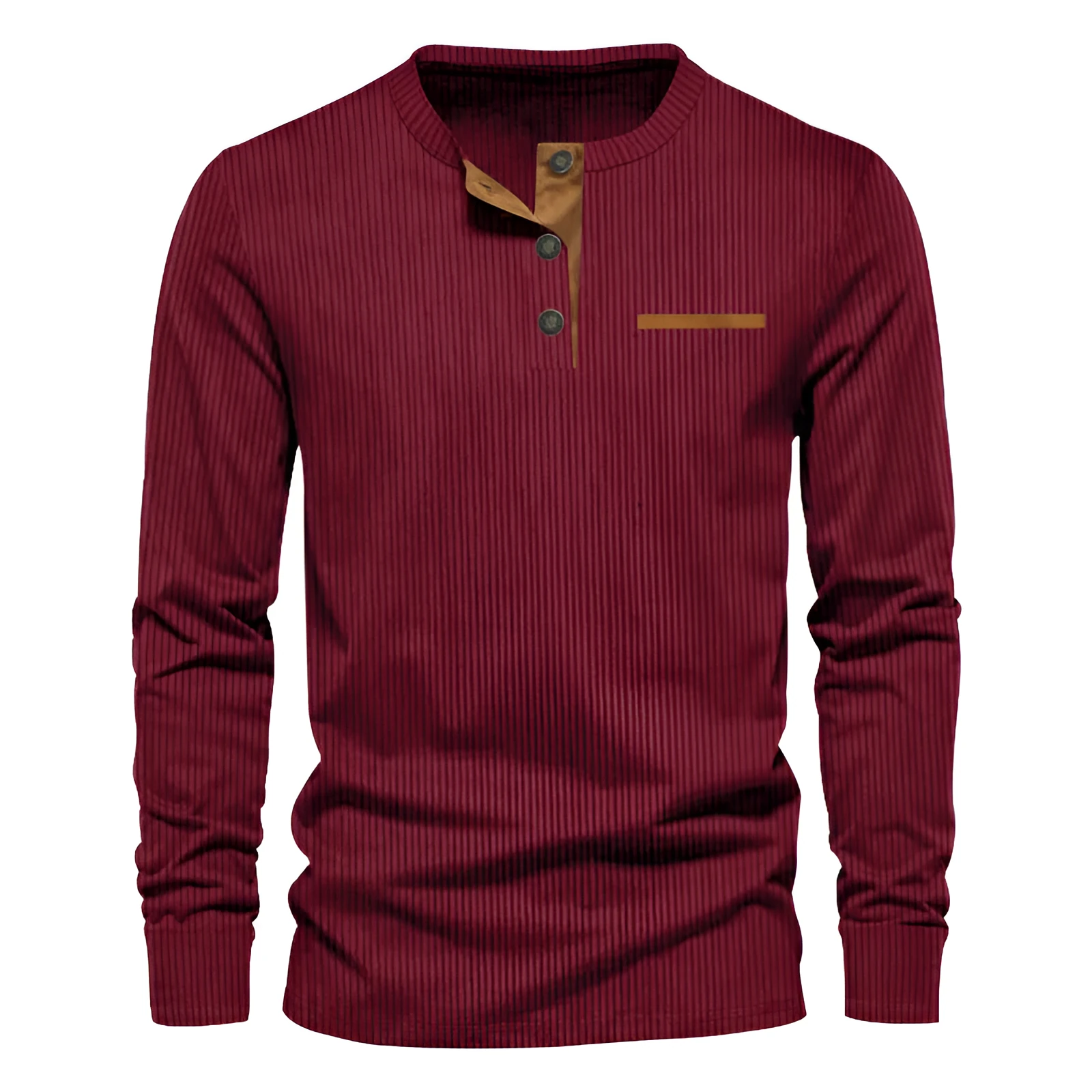 Men's corduroy slim fit Henley long sleeve T-shirt in solid colour, pullover style, available in black and other colours