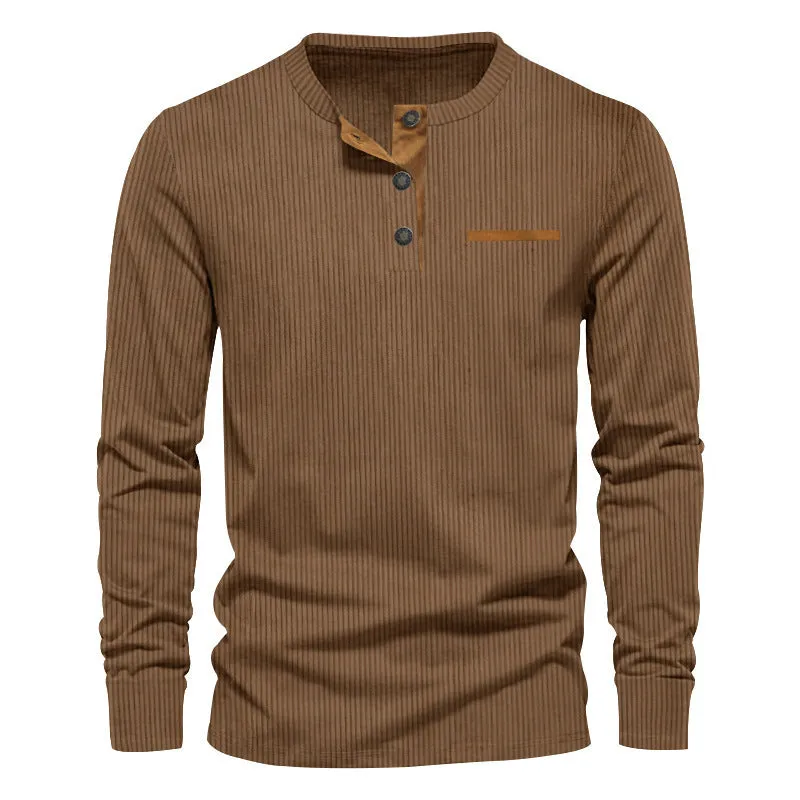 Men's corduroy slim fit Henley long sleeve T-shirt in solid colour, pullover style, available in black and other colours