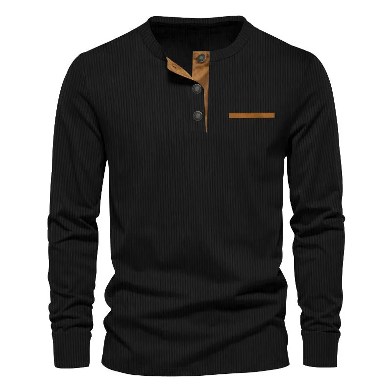 Men's corduroy slim fit Henley long sleeve T-shirt in solid colour, pullover style, available in black and other colours