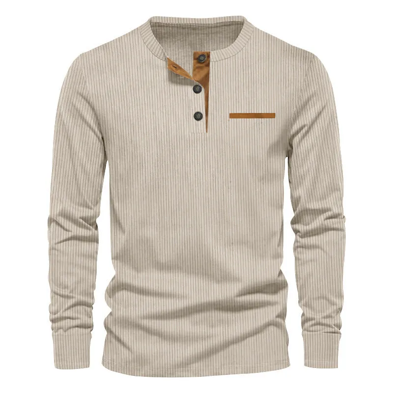 Men's corduroy slim fit Henley long sleeve T-shirt in solid colour, pullover style, available in black and other colours