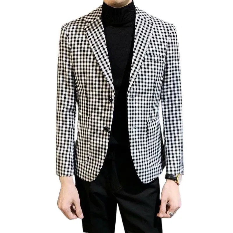 Black and white plaid slim-fit youth fashion jacket with cotton blend fabric, front view, sized M to 2XL